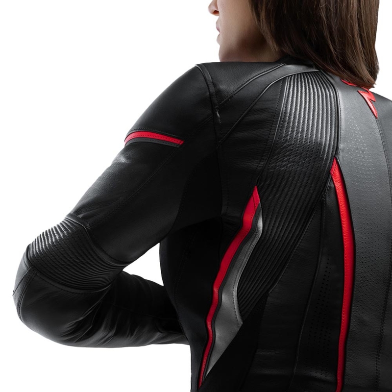 Giacca da motociclista in pelle da donna Rebelhorn Diva ST nero-rosso-bianco