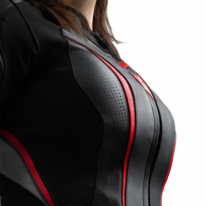 Giacca da motociclista in pelle da donna Rebelhorn Diva ST nero-rosso-bianco