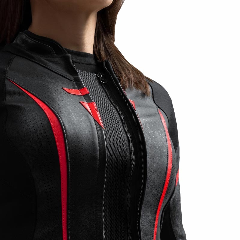 Giacca da motociclista in pelle da donna Rebelhorn Diva ST nero-rosso-bianco