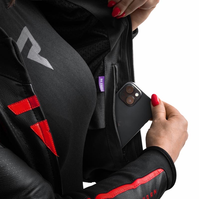 Giacca da motociclista in pelle da donna Rebelhorn Diva ST nero-rosso-bianco
