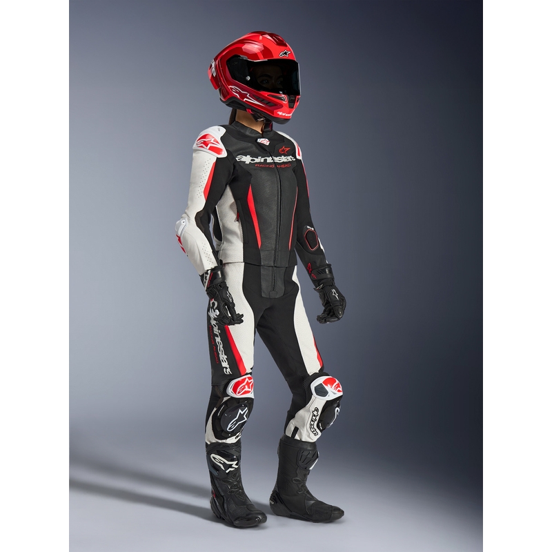 Tuta da moto in pelle da donna a due pezzi Alpinestars Stella GP-R7 nero-bianco-rosso fluo
