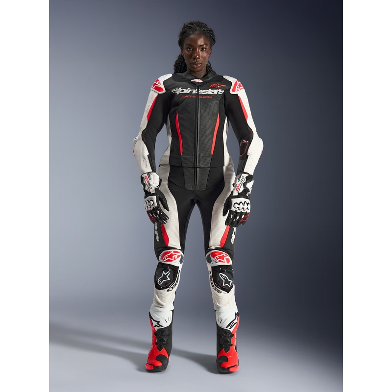 Tuta da moto in pelle da donna a due pezzi Alpinestars Stella GP-R7 nero-bianco-rosso fluo