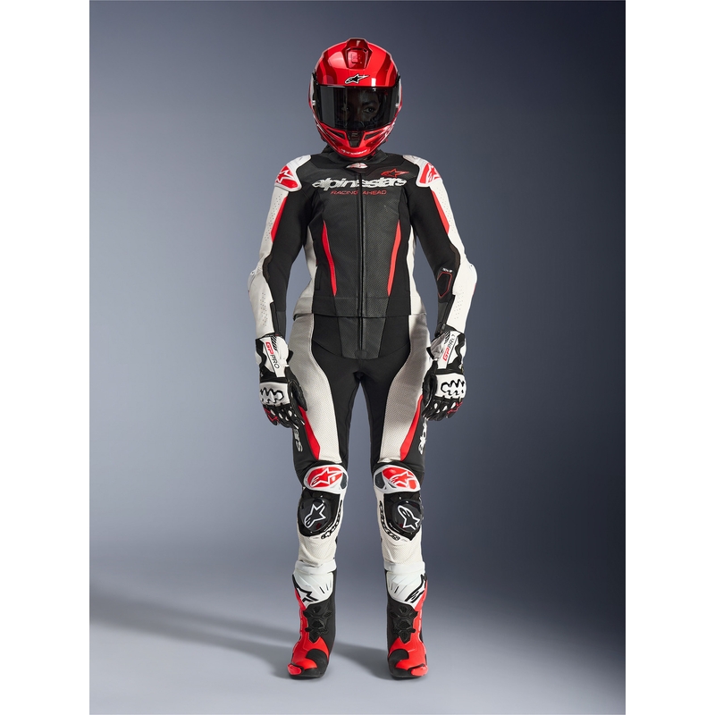 Tuta da moto in pelle da donna a due pezzi Alpinestars Stella GP-R7 nero-bianco-rosso fluo