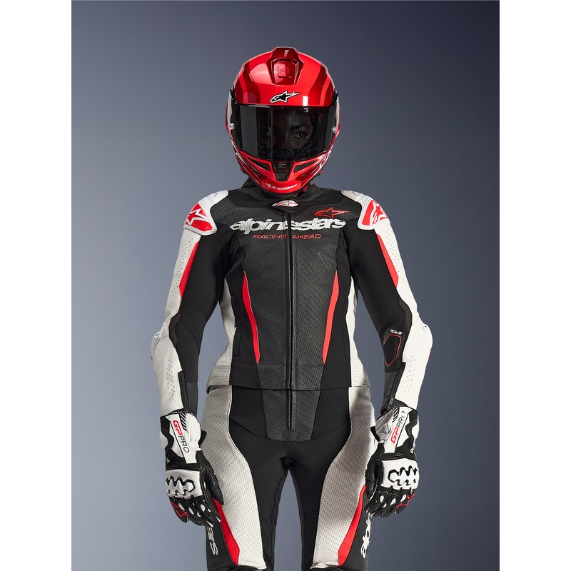 Tuta da moto in pelle da donna a due pezzi Alpinestars Stella GP-R7 nero-bianco-rosso fluo