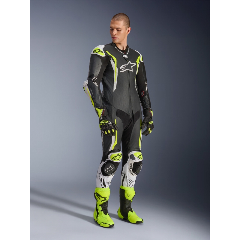 Tuta da moto intera in pelle Alpinestars GP TECH V5, nera, bianca e giallo fluo.