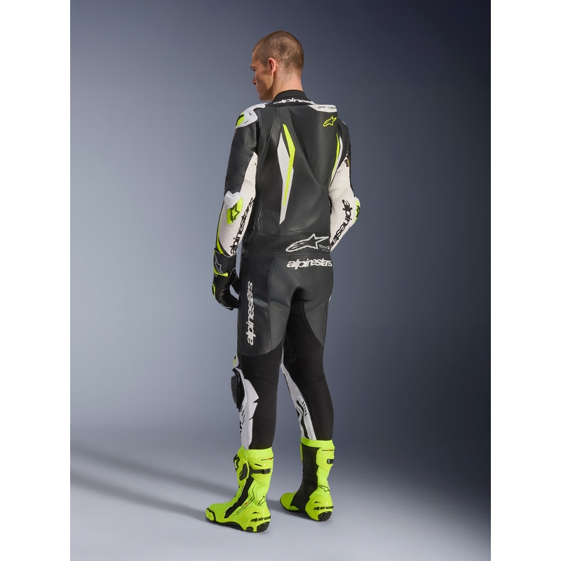 Tuta da moto intera in pelle Alpinestars GP TECH V5, nera, bianca e giallo fluo.