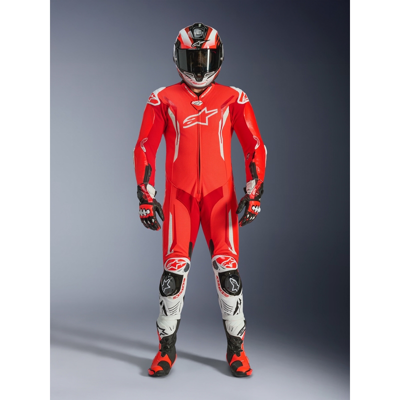 Tuta da moto intera in pelle Alpinestars GP TECH V5 rosso fluo-rosso-bianco