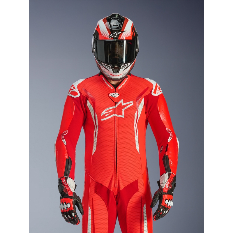 Tuta da moto intera in pelle Alpinestars GP TECH V5 rosso fluo-rosso-bianco