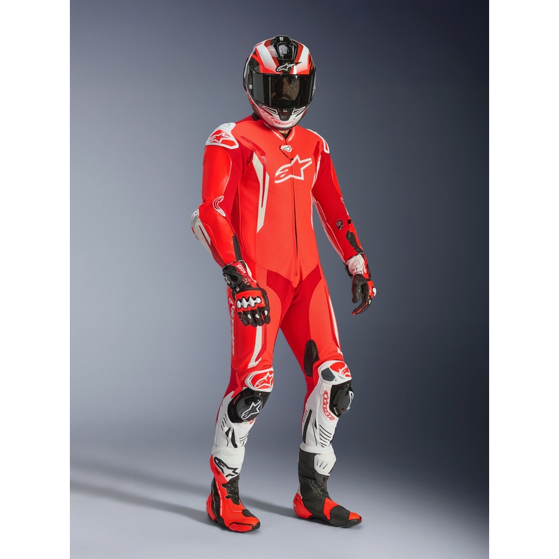 Tuta da moto intera in pelle Alpinestars GP TECH V5 rosso fluo-rosso-bianco