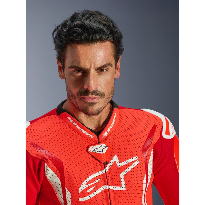 Tuta da moto intera in pelle Alpinestars GP TECH V5 rosso fluo-rosso-bianco