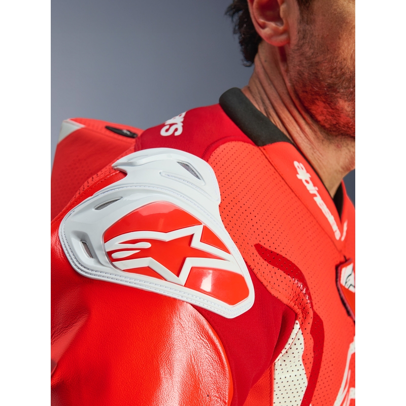Tuta da moto intera in pelle Alpinestars GP TECH V5 rosso fluo-rosso-bianco
