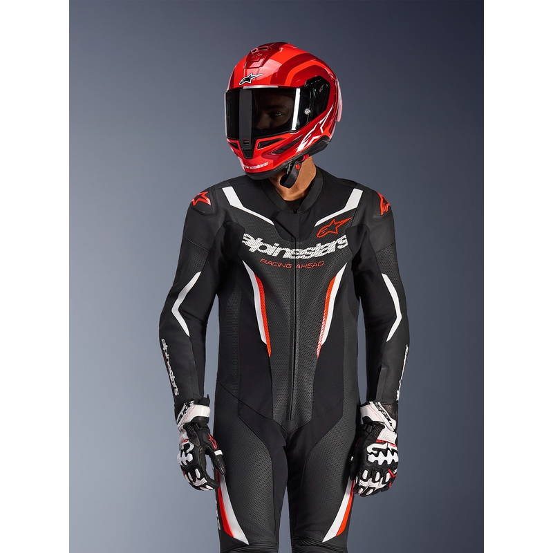 Tuta da moto intera Alpinestars GP FORCE V2 nera-bianca-rosso fluo