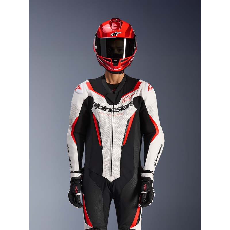Tuta da moto intera Alpinestars GP FORCE V2 bianco-nero-rosso fluo