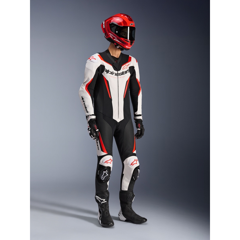 Tuta da moto intera Alpinestars GP FORCE V2 bianco-nero-rosso fluo