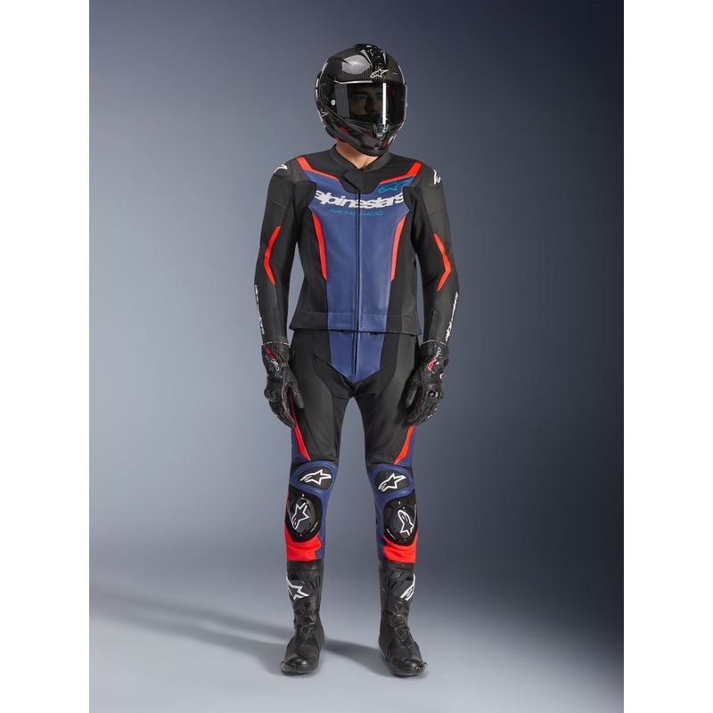 Tuta da moto Alpinestars GP Force V2 a due pezzi, nera, blu e rosso fluo.