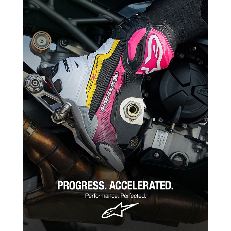 Stivali da moto Alpinestars Supertech R neri-bianchi-rosa-gialli