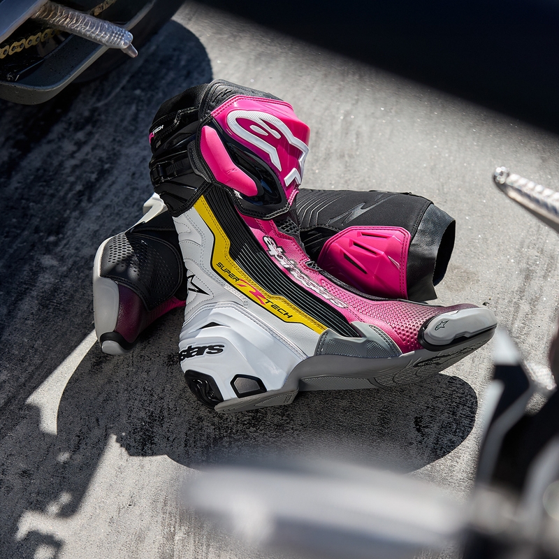 Stivali da moto Alpinestars Supertech R neri-bianchi-rosa-gialli