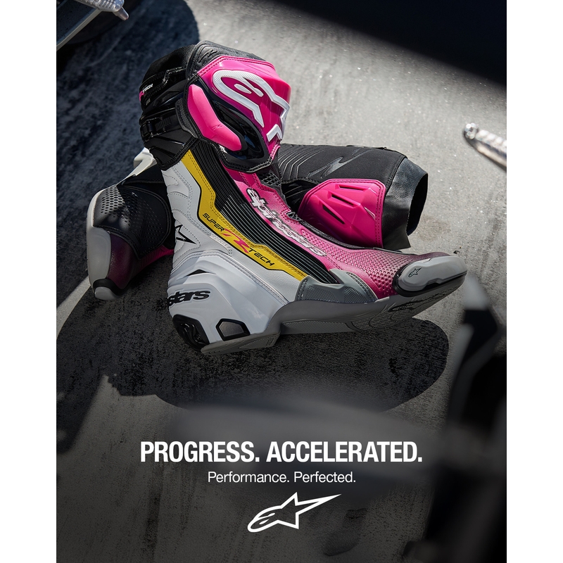 Stivali da moto Alpinestars Supertech R neri-bianchi-rosa-gialli