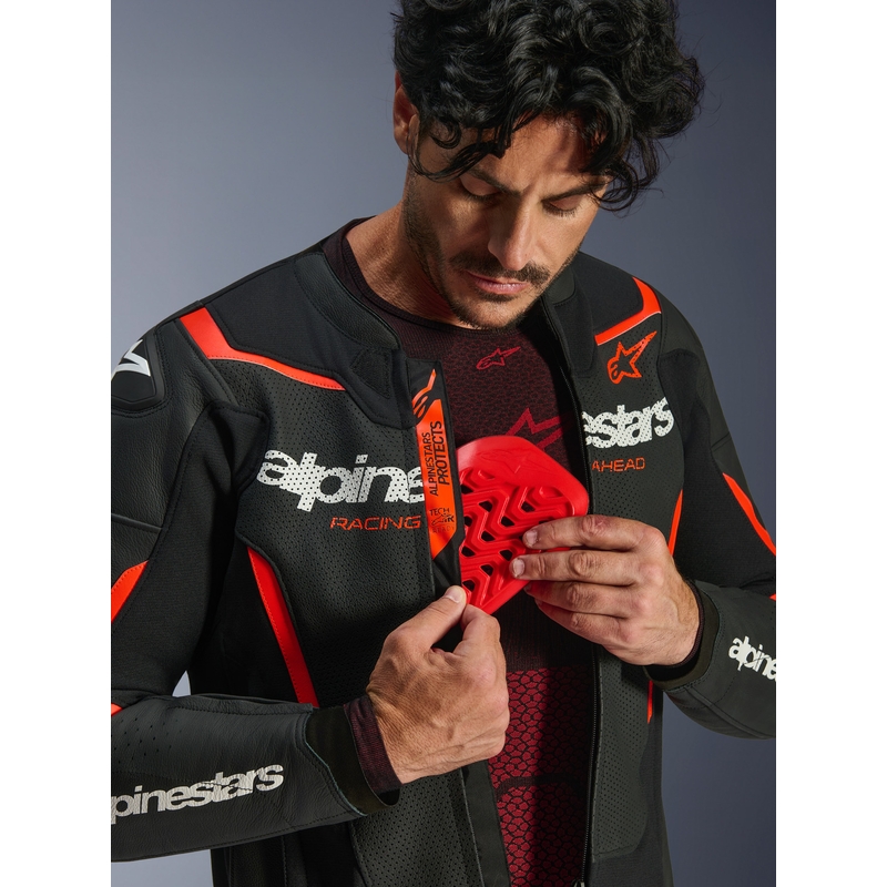 Giacca da moto in pelle Alpinestars GP Force V2 Airflow nero-rosso fluo-bianco