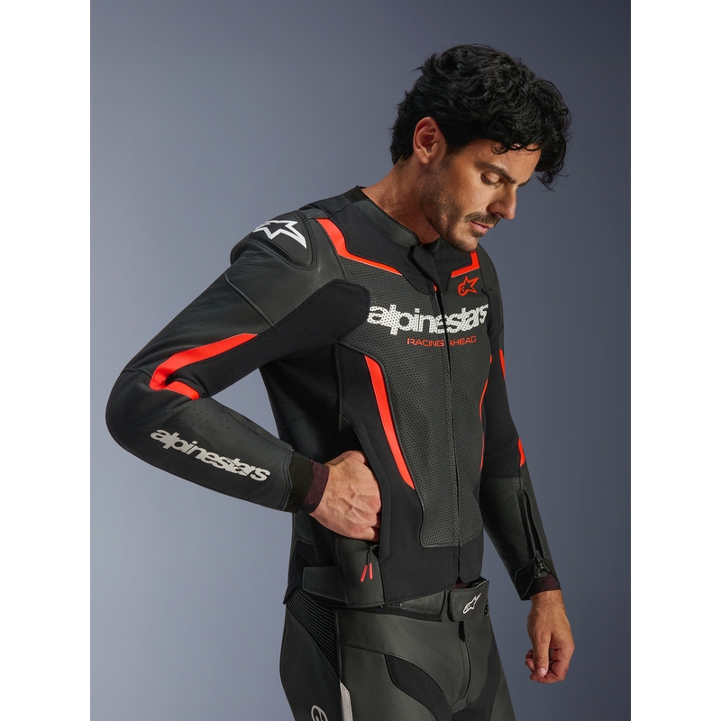 Giacca da moto in pelle Alpinestars GP Force V2 Airflow nero-rosso fluo-bianco