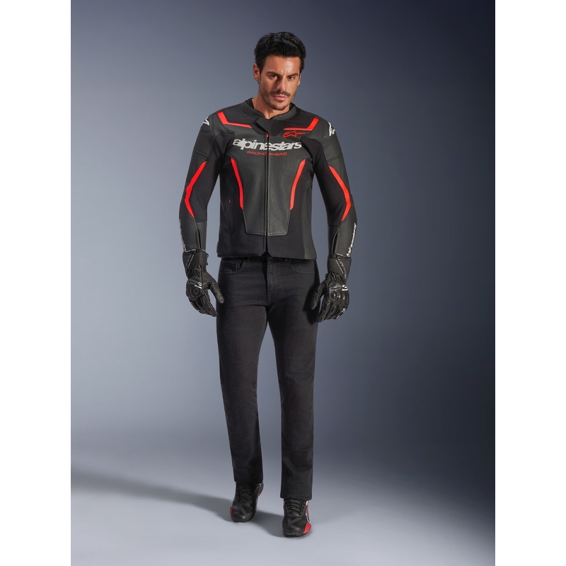 Giacca da moto in pelle Alpinestars GP Force V2 Airflow nero-rosso fluo-bianco