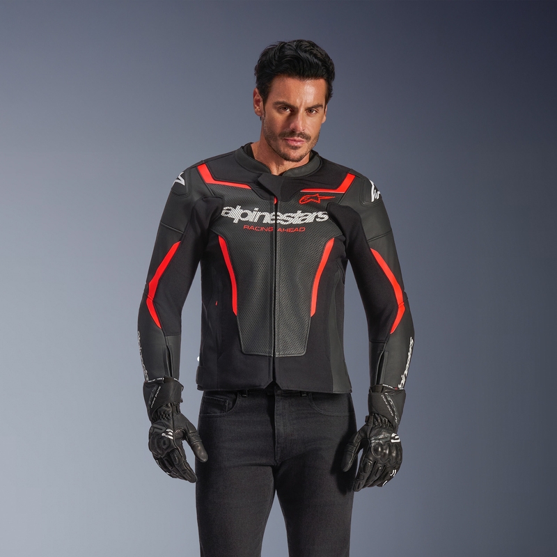 Giacca da moto in pelle Alpinestars GP Force V2 Airflow nero-rosso fluo-bianco