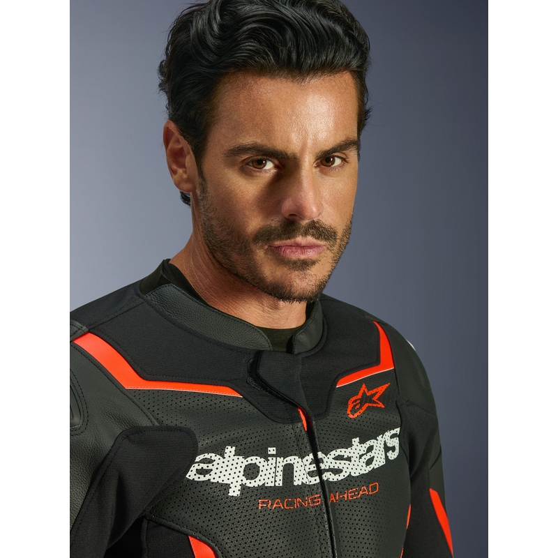 Giacca da moto in pelle Alpinestars GP Force V2 Airflow nero-rosso fluo-bianco
