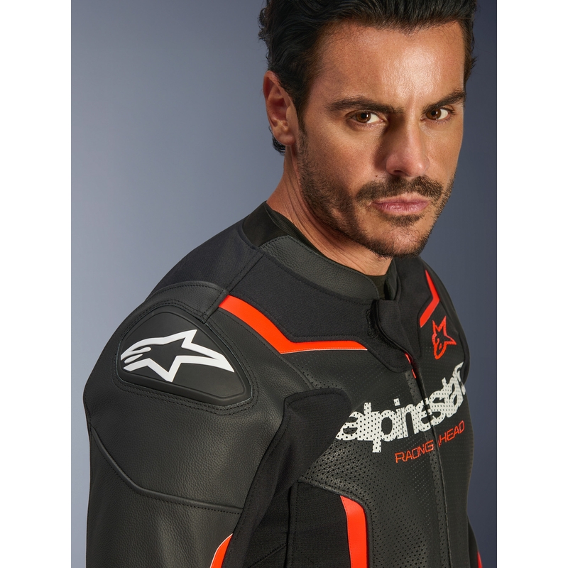 Giacca da moto in pelle Alpinestars GP Force V2 Airflow nero-rosso fluo-bianco