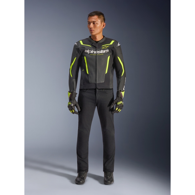 Giacca da moto in pelle Alpinestars GP Force V2 Airflow, nera e giallo fluo.