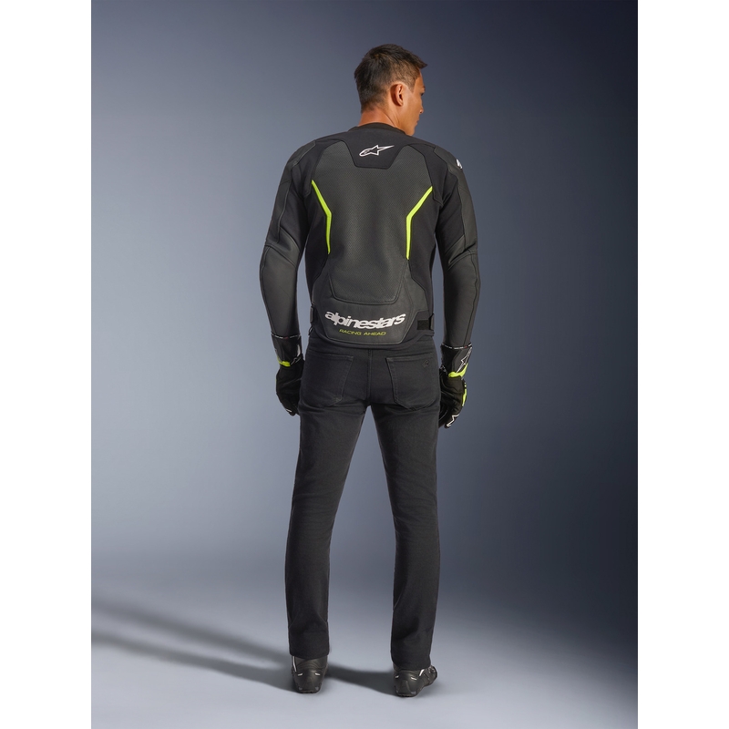 Giacca da moto in pelle Alpinestars GP Force V2 Airflow, nera e giallo fluo.
