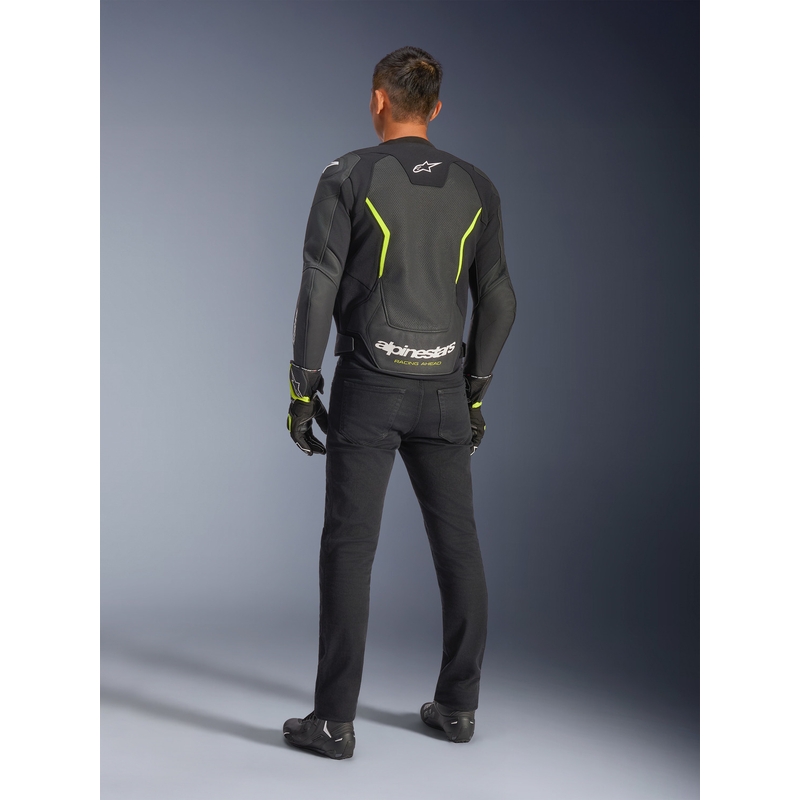 Giacca da moto in pelle Alpinestars GP Force V2 Airflow, nera e giallo fluo.