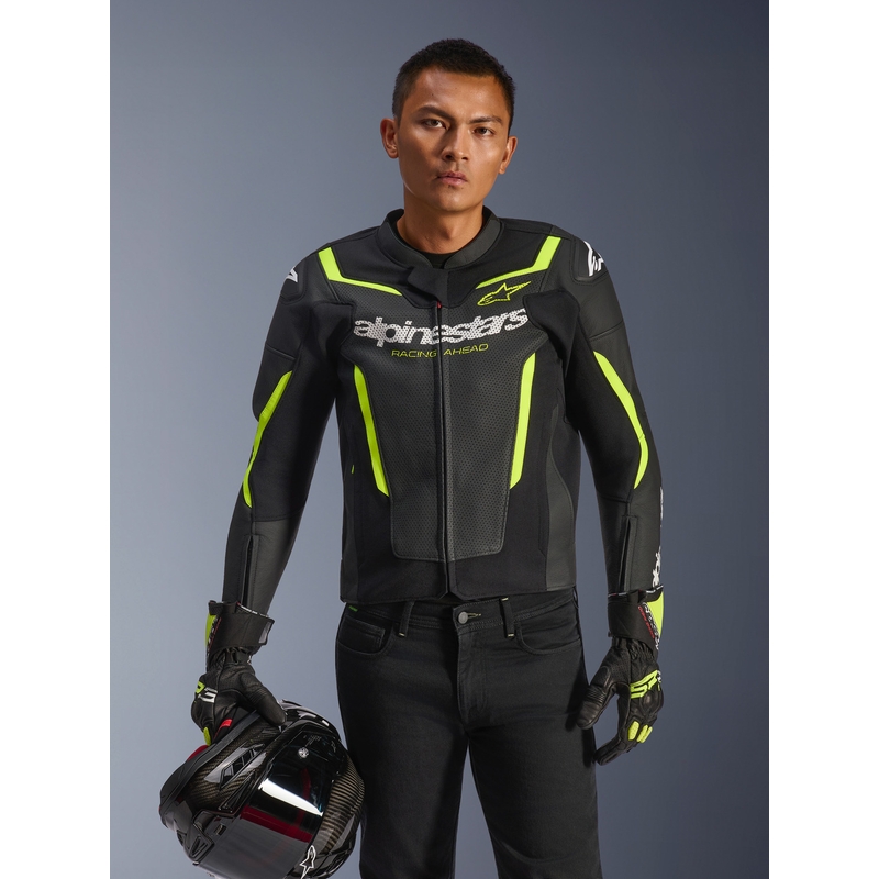 Giacca da moto in pelle Alpinestars GP Force V2 Airflow, nera e giallo fluo.