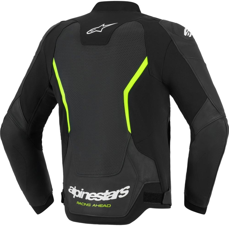 Giacca da moto in pelle Alpinestars GP Force V2 Airflow, nera e giallo fluo.