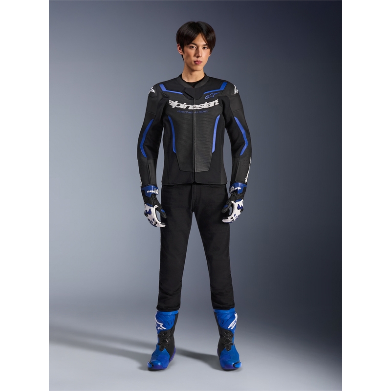 Giacca da moto in pelle Alpinestars GP Force V2 Airflow, nera e blu metallizzato.