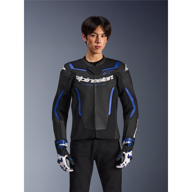 Giacca da moto in pelle Alpinestars GP Force V2 Airflow, nera e blu metallizzato.