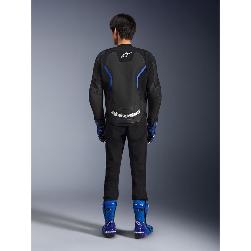 Giacca da moto in pelle Alpinestars GP Force V2 Airflow, nera e blu metallizzato.