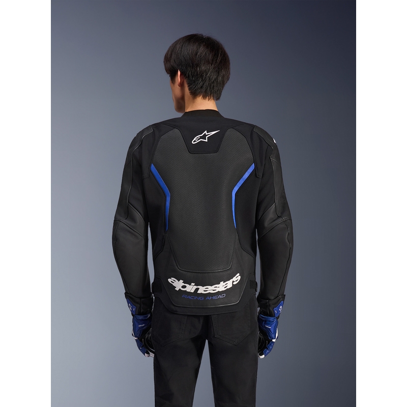 Giacca da moto in pelle Alpinestars GP Force V2 Airflow, nera e blu metallizzato.