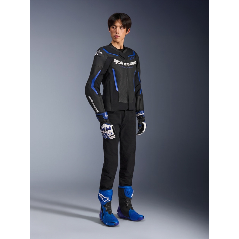Giacca da moto in pelle Alpinestars GP Force V2 Airflow, nera e blu metallizzato.
