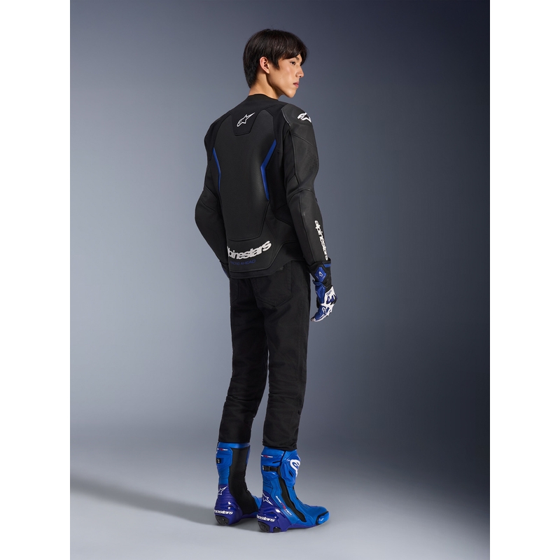 Giacca da moto in pelle Alpinestars GP Force V2 Airflow, nera e blu metallizzato.