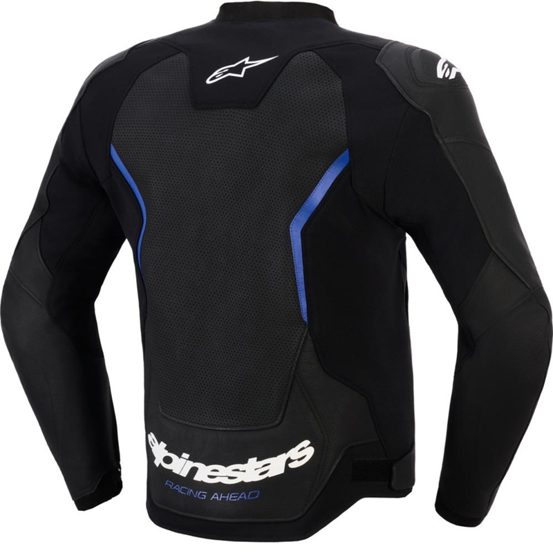 Giacca da moto in pelle Alpinestars GP Force V2 Airflow, nera e blu metallizzato.