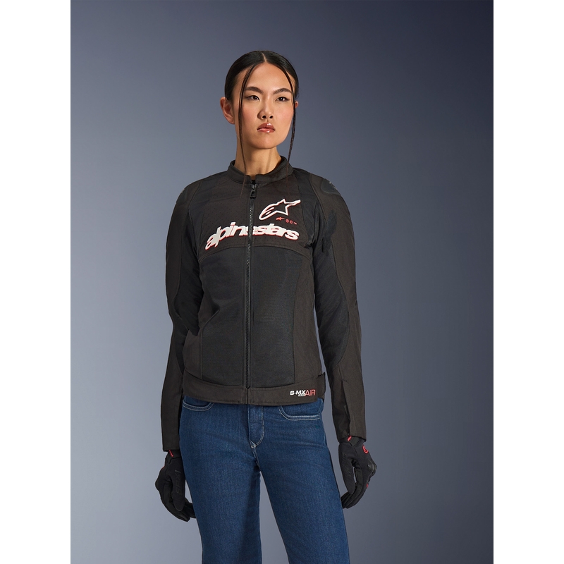 Giacca da moto da donna Alpinestars Stella SMX Air, nera, bianca e rosso fluo.