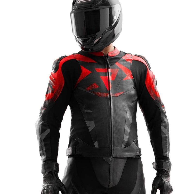Giacca da motociclista in pelle Rebelhorn Inferno, nera e rosso fluo.