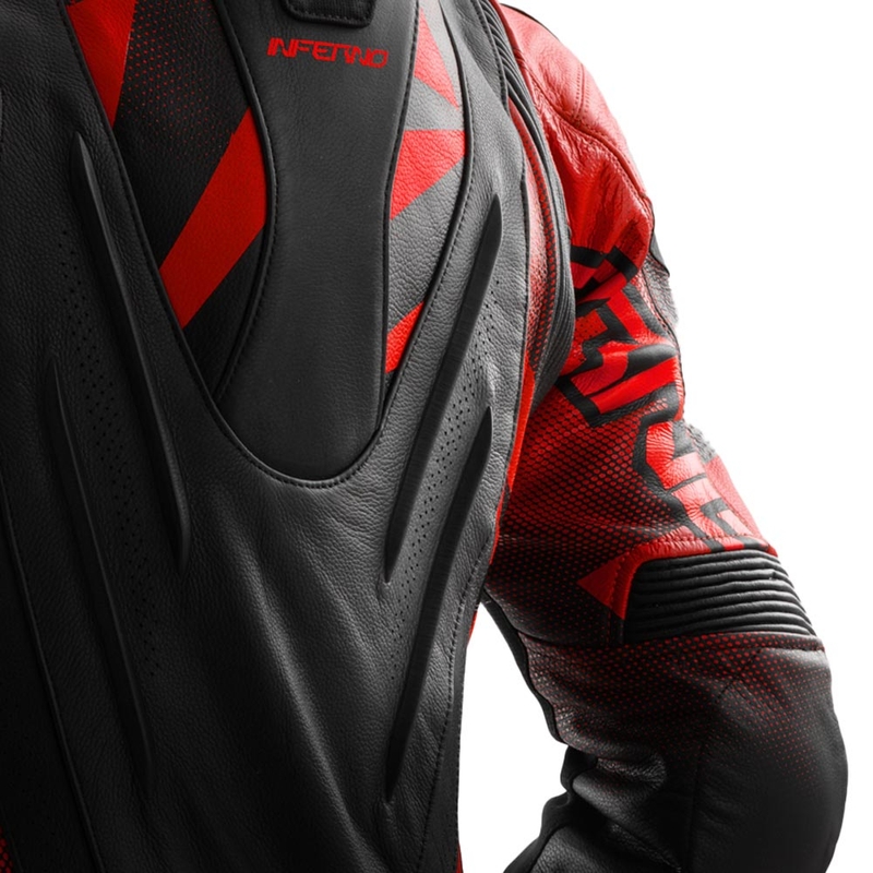 Giacca da motociclista in pelle Rebelhorn Inferno, nera e rosso fluo.
