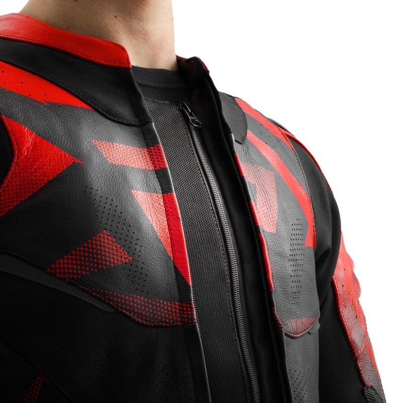 Giacca da motociclista in pelle Rebelhorn Inferno, nera e rosso fluo.