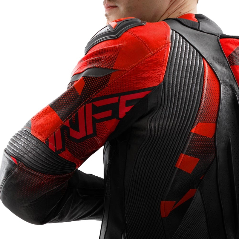 Giacca da motociclista in pelle Rebelhorn Inferno, nera e rosso fluo.