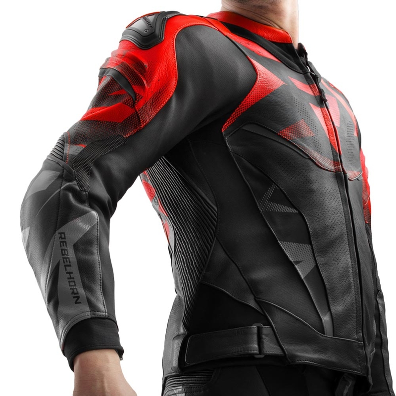Giacca da motociclista in pelle Rebelhorn Inferno, nera e rosso fluo.