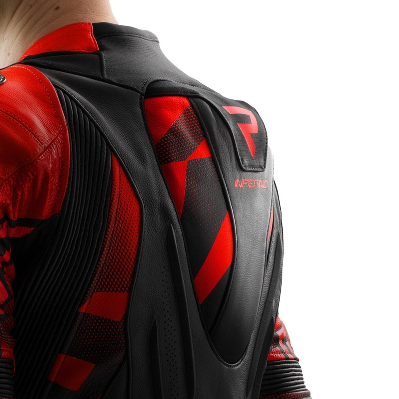 Giacca da motociclista in pelle Rebelhorn Inferno, nera e rosso fluo.