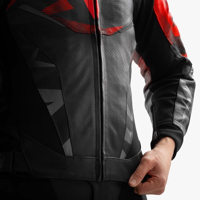 Giacca da motociclista in pelle Rebelhorn Inferno, nera e rosso fluo.