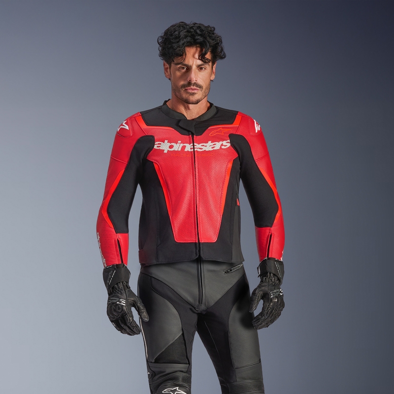 Giacca da moto in pelle Alpinestars GP Force V2 Airflow rosso fluo-nero-bianco