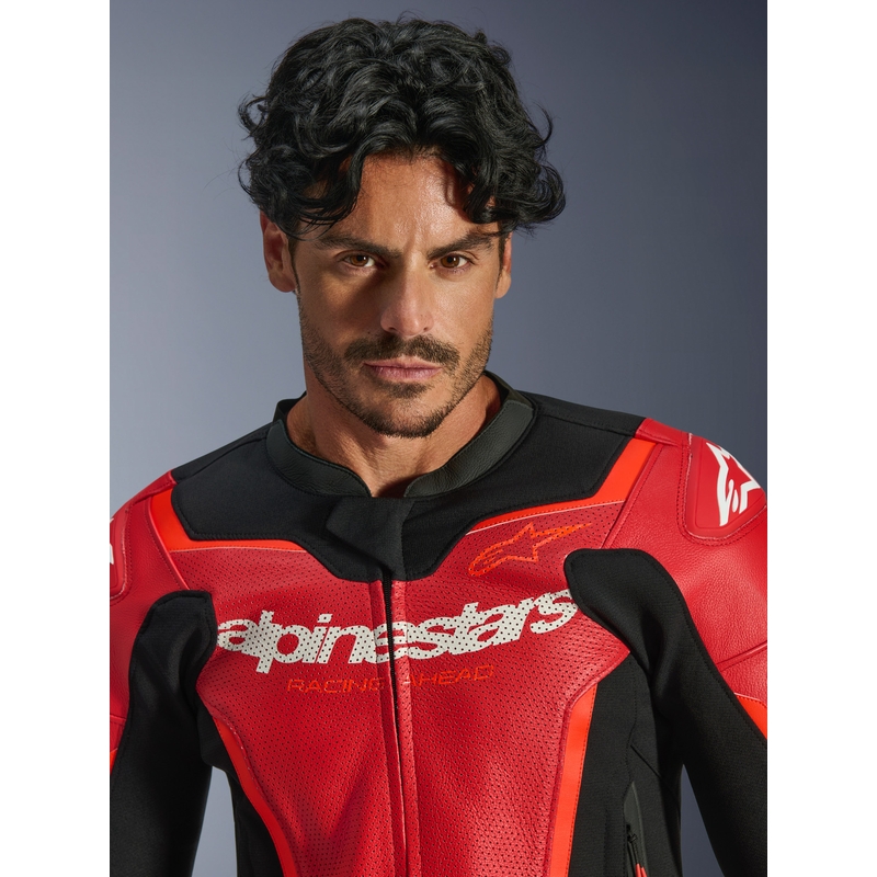 Giacca da moto in pelle Alpinestars GP Force V2 Airflow rosso fluo-nero-bianco